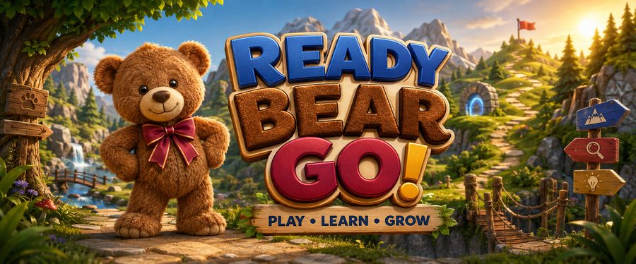 Ready Bear Go. Play, learn, grow. A brown teddy bear with a red bow stands on a path in a bright landscape.